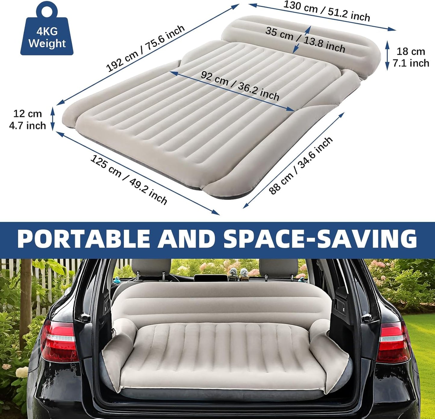 KMZ SUV Air Mattress Thickened Double Flocking Camping Mattress Upgraded Portable Sleeping Car pad Comfortable Inflatable Travel Bed with External Pump and 2 Pillows(Off-White and Light Gray)