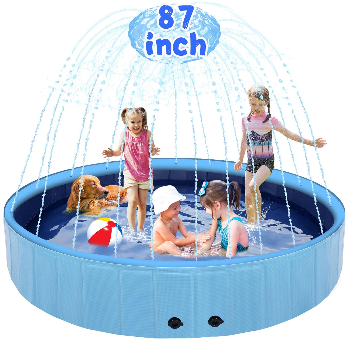 Eooqi 63" Large Dog Pool with Sprinkler, 2-in-1 Foldable Swimming Pool Non-Slip Hard Plastic Splash Sprinkler Kiddie Pool for Outdoor Backyard Kids Dogs Ducks and Pet Baths