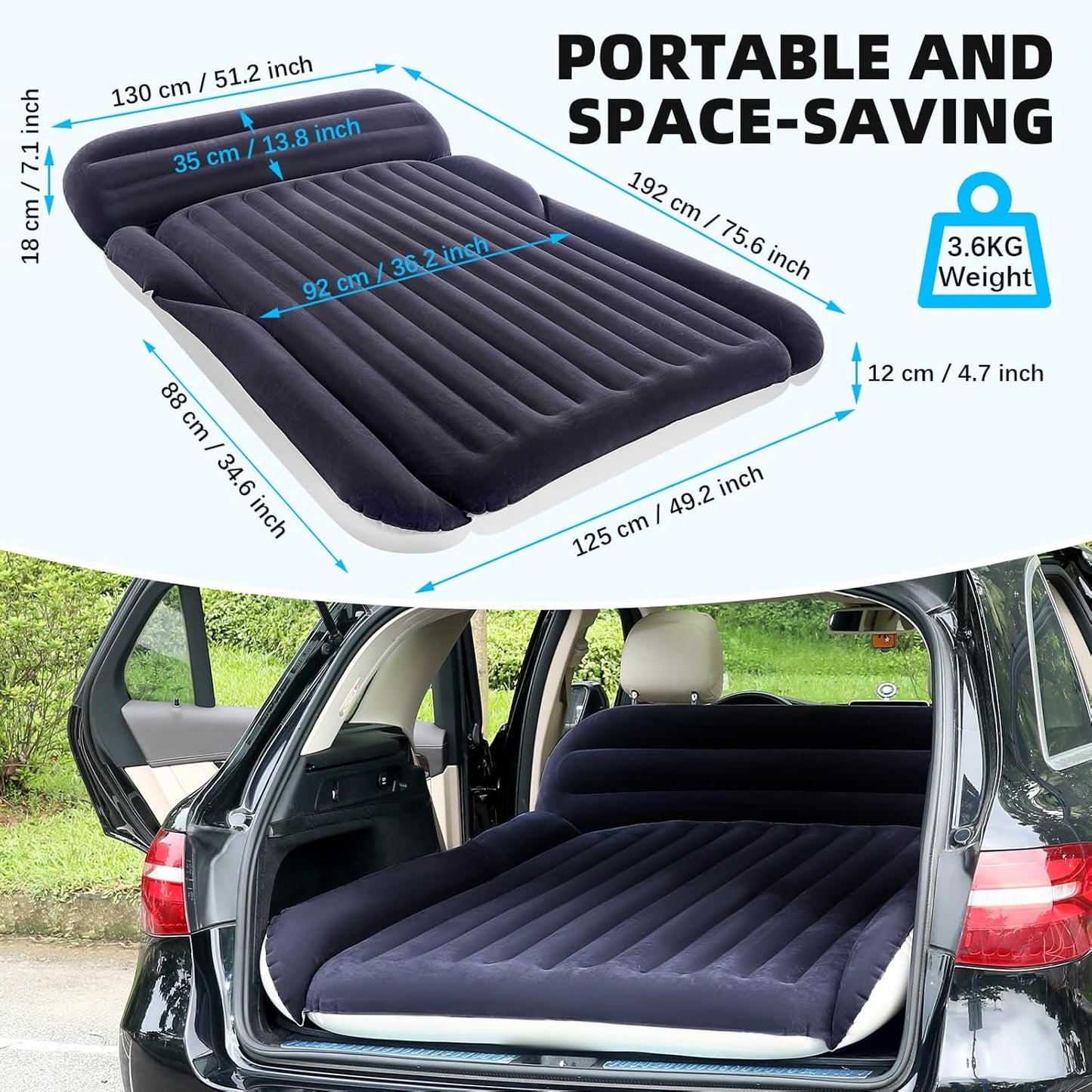 KMZ SUV Air Mattress with 2 Pillows – Thickened and Flocked Car Bed – Portable Travel Pad for Camping & Road Trips – Quick Inflate & Deflate with External Pump – Navy Blue+Light Gray
