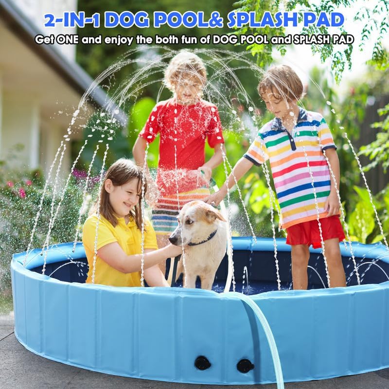 Eooqi 63" Large Dog Pool with Sprinkler, 2-in-1 Foldable Swimming Pool Non-Slip Hard Plastic Splash Sprinkler Kiddie Pool for Outdoor Backyard Kids Dogs Ducks and Pet Baths