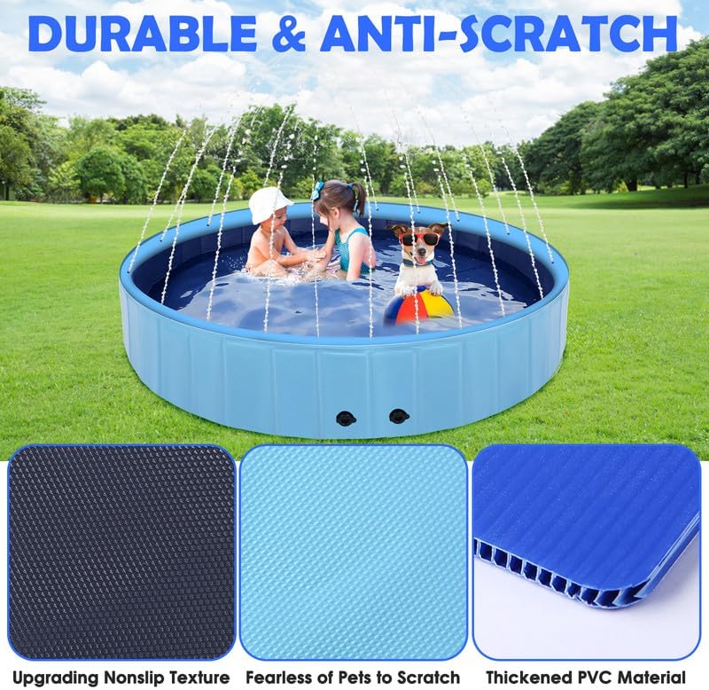 Eooqi 63" Large Dog Pool with Sprinkler, 2-in-1 Foldable Swimming Pool Non-Slip Hard Plastic Splash Sprinkler Kiddie Pool for Outdoor Backyard Kids Dogs Ducks and Pet Baths