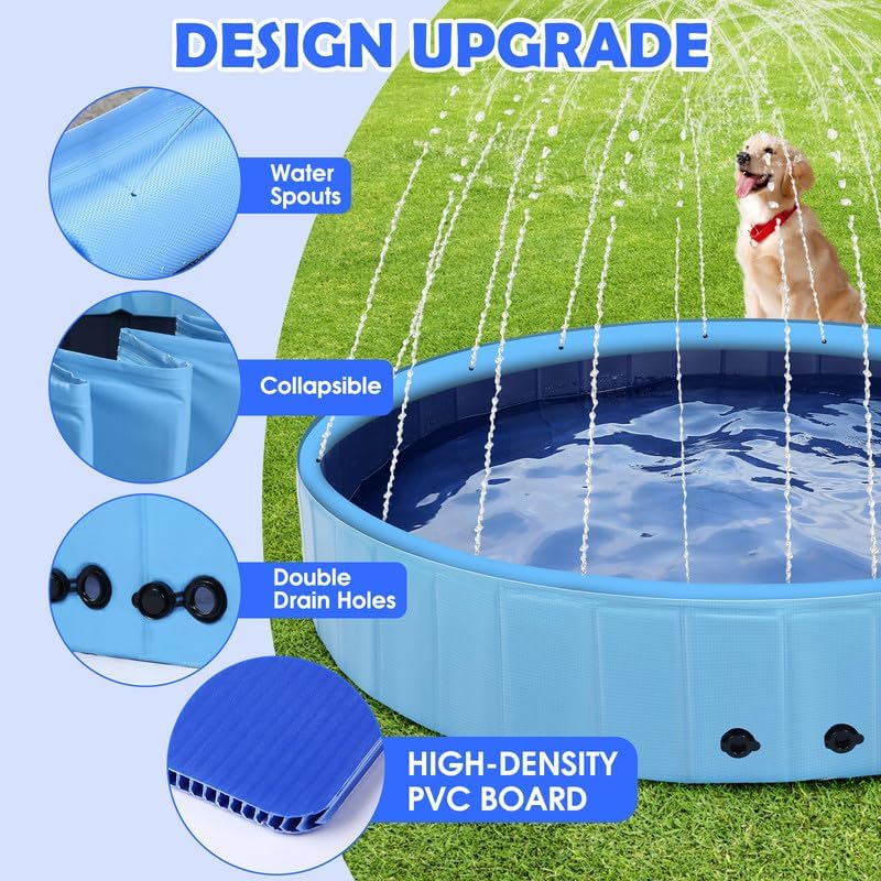 Eooqi 63" Large Dog Pool with Sprinkler, 2-in-1 Foldable Swimming Pool Non-Slip Hard Plastic Splash Sprinkler Kiddie Pool for Outdoor Backyard Kids Dogs Ducks and Pet Baths