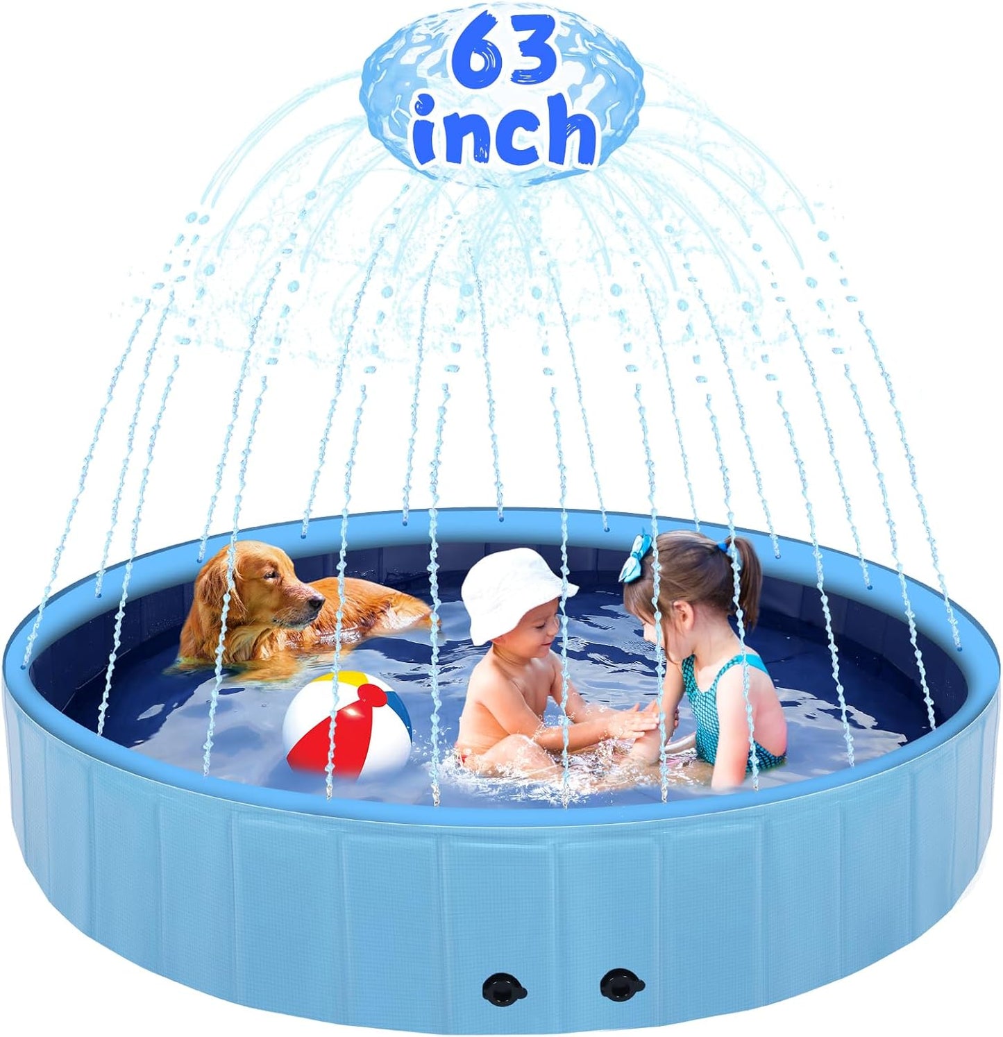 Eooqi 63" Large Dog Pool with Sprinkler, 2-in-1 Foldable Swimming Pool Non-Slip Hard Plastic Splash Sprinkler Kiddie Pool for Outdoor Backyard Kids Dogs Ducks and Pet Baths