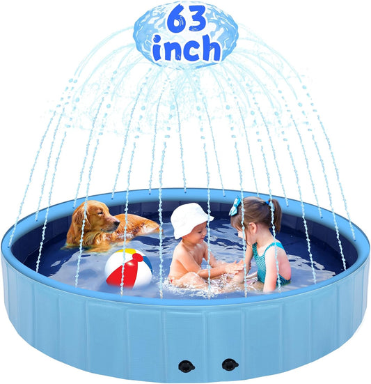 Eooqi 63" Large Dog Pool with Sprinkler, 2-in-1 Foldable Swimming Pool Non-Slip Hard Plastic Splash Sprinkler Kiddie Pool for Outdoor Backyard Kids Dogs Ducks and Pet Baths