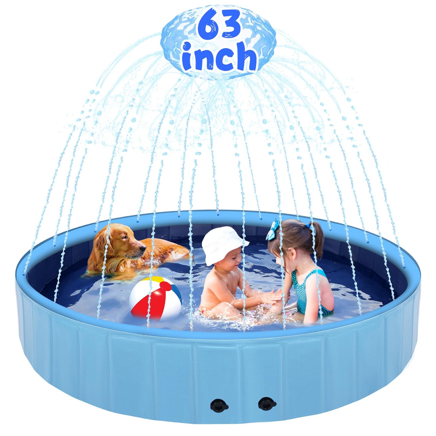 Eooqi 63" Large Dog Pool with Sprinkler, 2-in-1 Foldable Swimming Pool Non-Slip Hard Plastic Splash Sprinkler Kiddie Pool for Outdoor Backyard Kids Dogs Ducks and Pet Baths