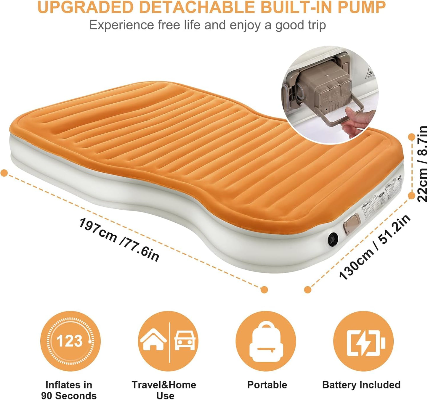 KMZ SUV Air Mattress with Built-in Pump & 2 Pillows, Thickened Flocked PVC, Quick 90-Seconds Inflation Air Bed, Portable & Durable Car Air Bed for Camping, Travel, Truck