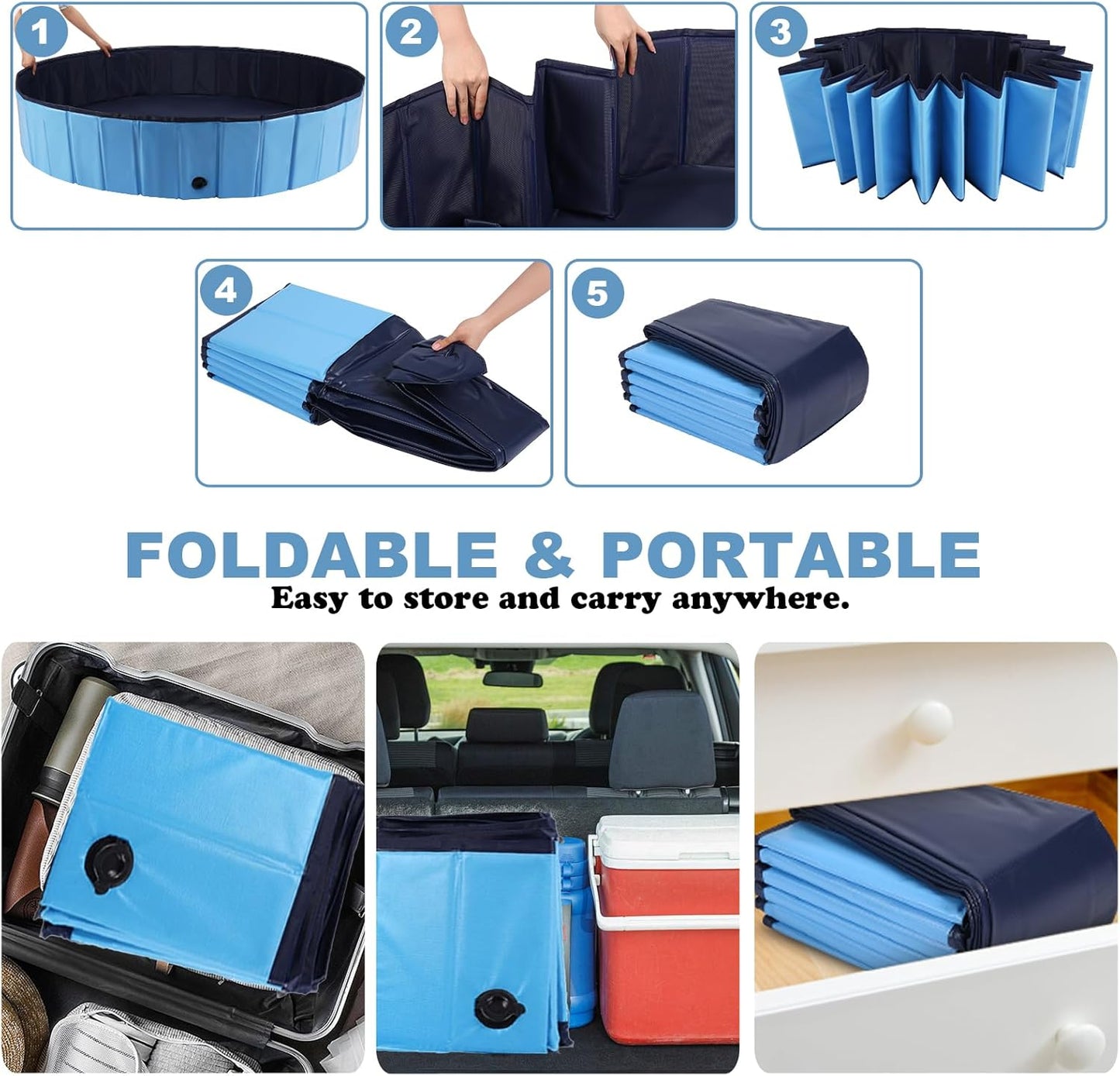 Eooqi Foldable Dog Swimming Pool, Portable Pet Bath & Wading Pool for Small, Medium & Large Dogs, Kids-Friendly Collapsible Design for Indoor & Outdoor Use (Blue, 63"-2XL)