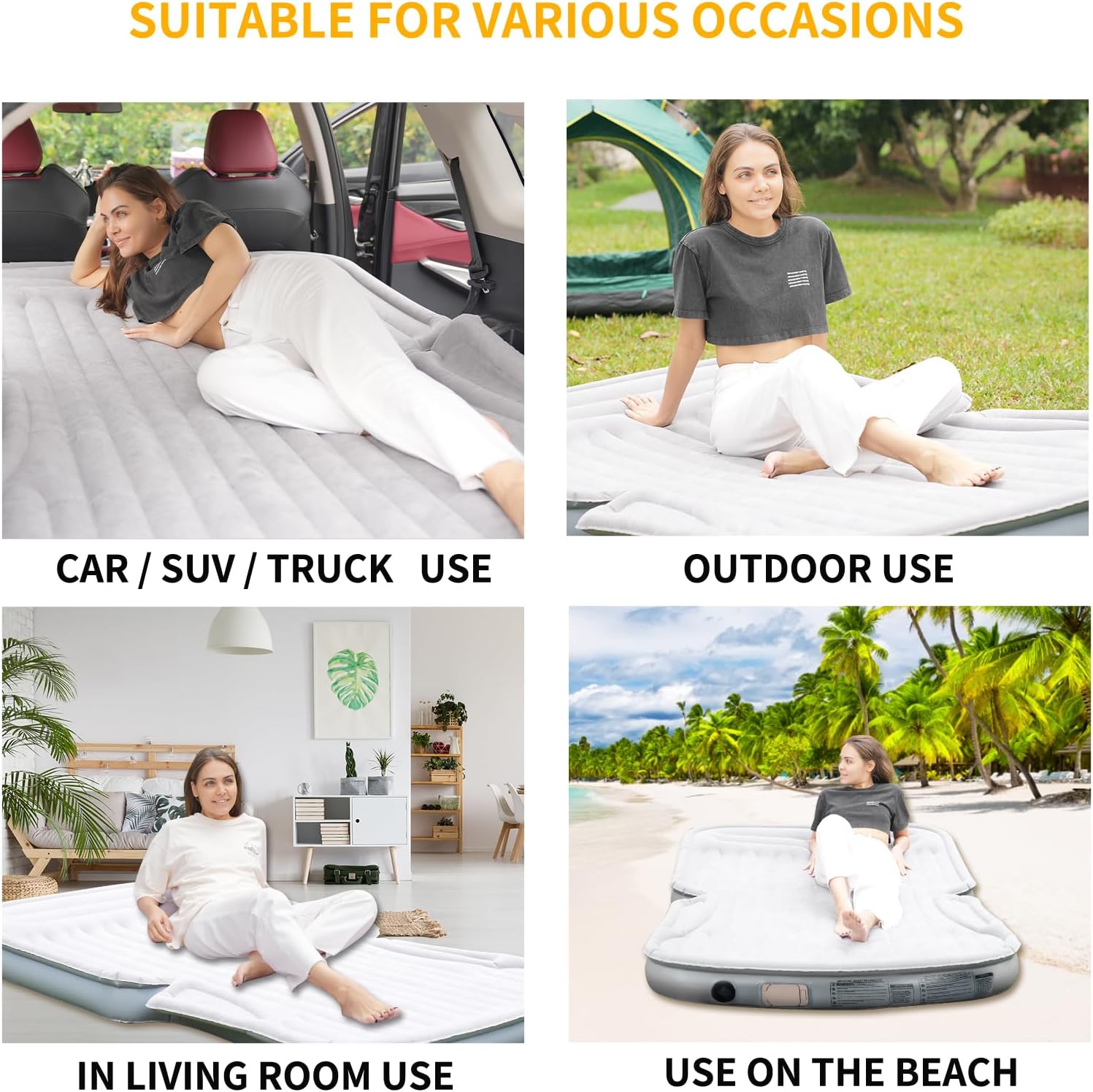 KMZ Portable SUV Air Mattress - Built-in Electric Pump for Fast Inflation - Soft Flocked Surface Car Bed - Ideal for Road Trips & Outdoor Camping - Grey