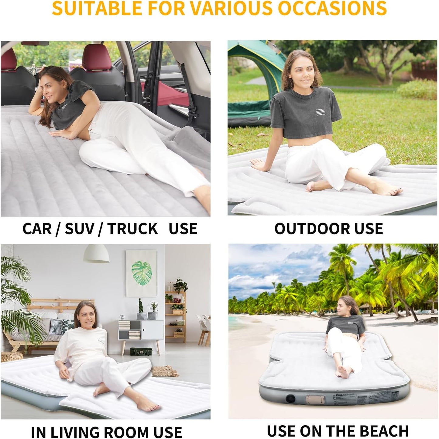 KMZ Portable SUV Air Mattress - Built-in Electric Pump for Fast Inflation - Soft Flocked Surface Car Bed - Ideal for Road Trips & Outdoor Camping - Grey