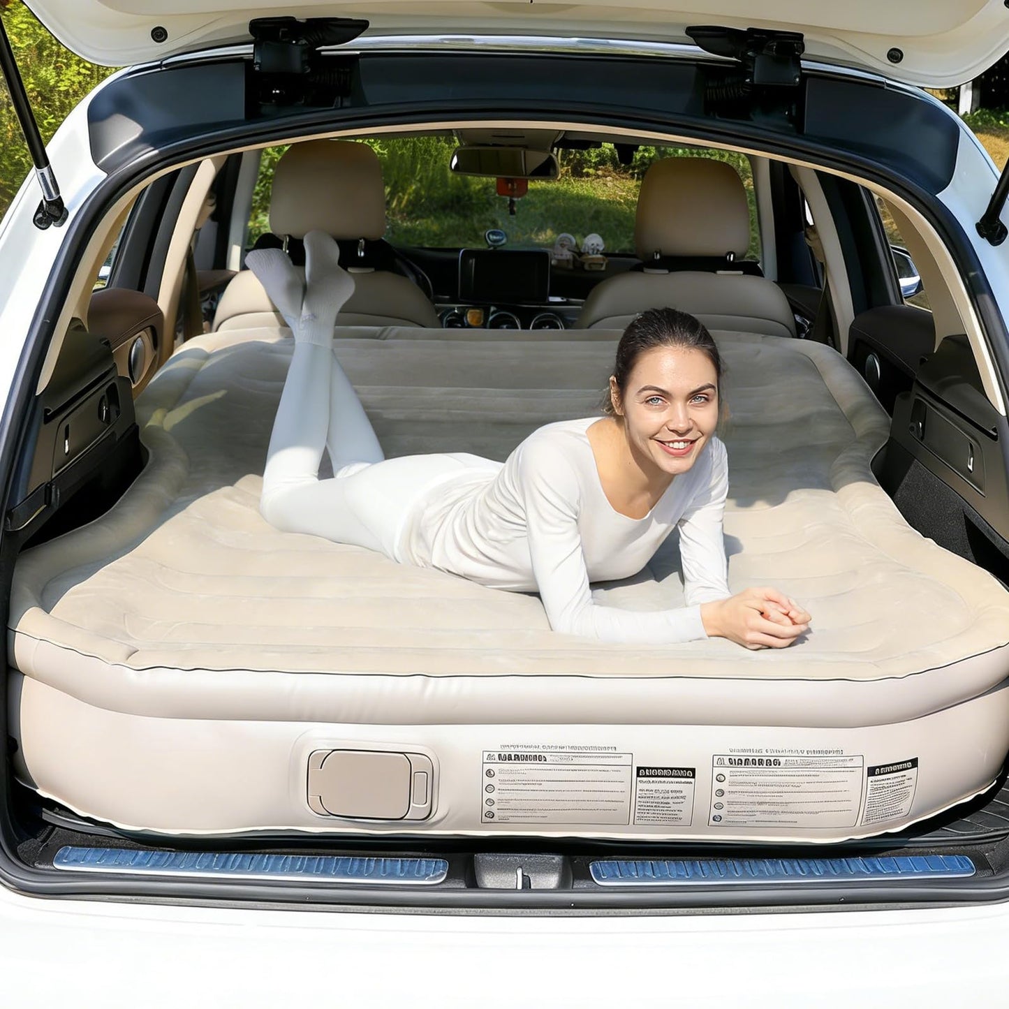 KMZ SUV Air Mattress with Built-in Pump & 2 Pillows, Thickened Flocked PVC, Quick 90-Seconds Inflation Air Bed, Portable & Durable Car Air Bed for Camping, Travel, Truck