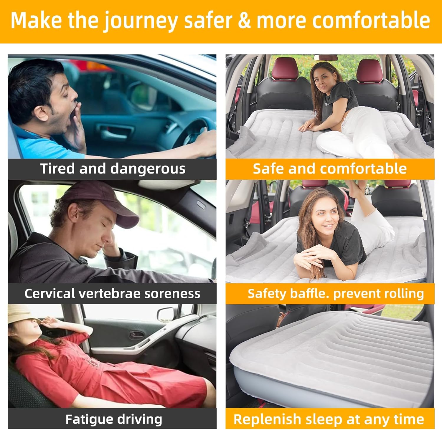 KMZ Portable SUV Air Mattress - Built-in Electric Pump for Fast Inflation - Soft Flocked Surface Car Bed - Ideal for Road Trips & Outdoor Camping - Grey
