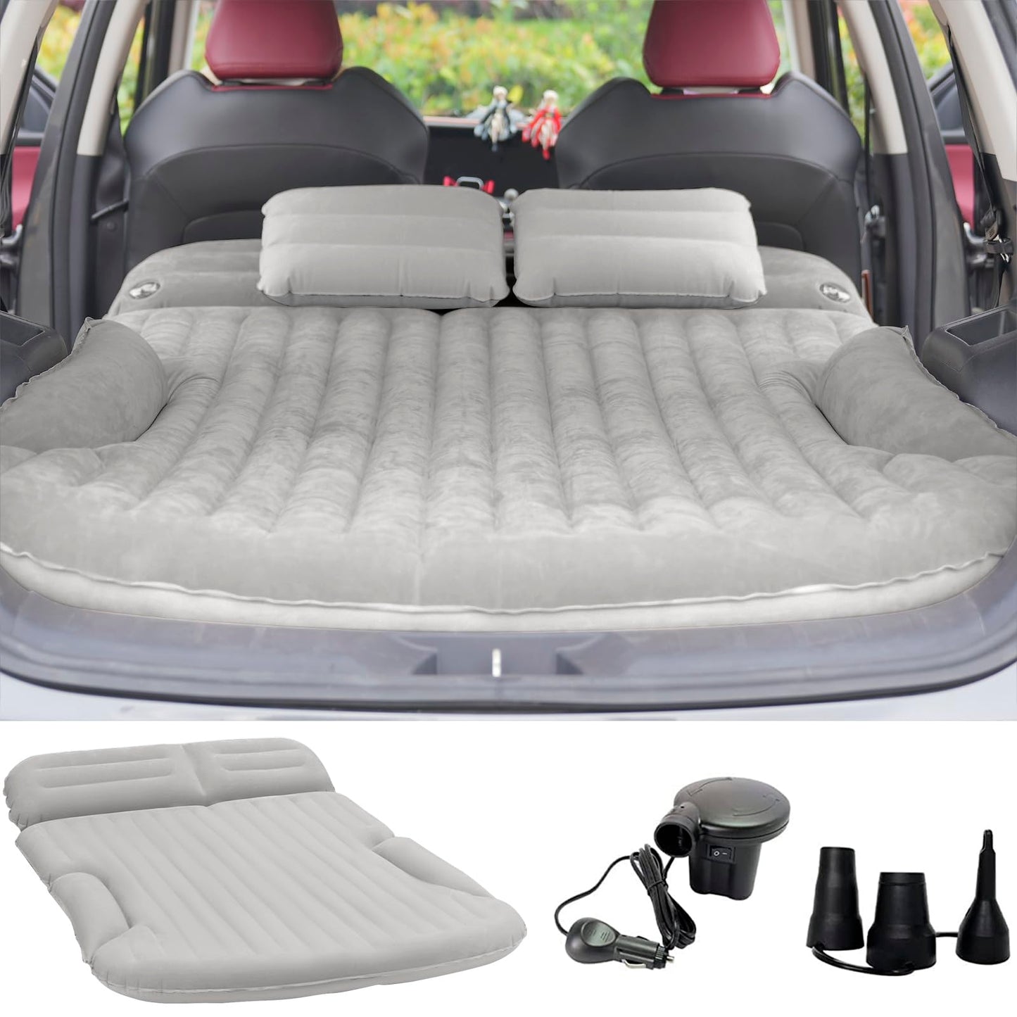 KMZ SUV Air Mattress Thickened and Double-Sided Flocking Travel Camping Bed with 2 Pillows & Pump Dedicated Mobile Cushion Inflatable Bed for SUV Trunk and Rear Seat (Beige and Coffee)