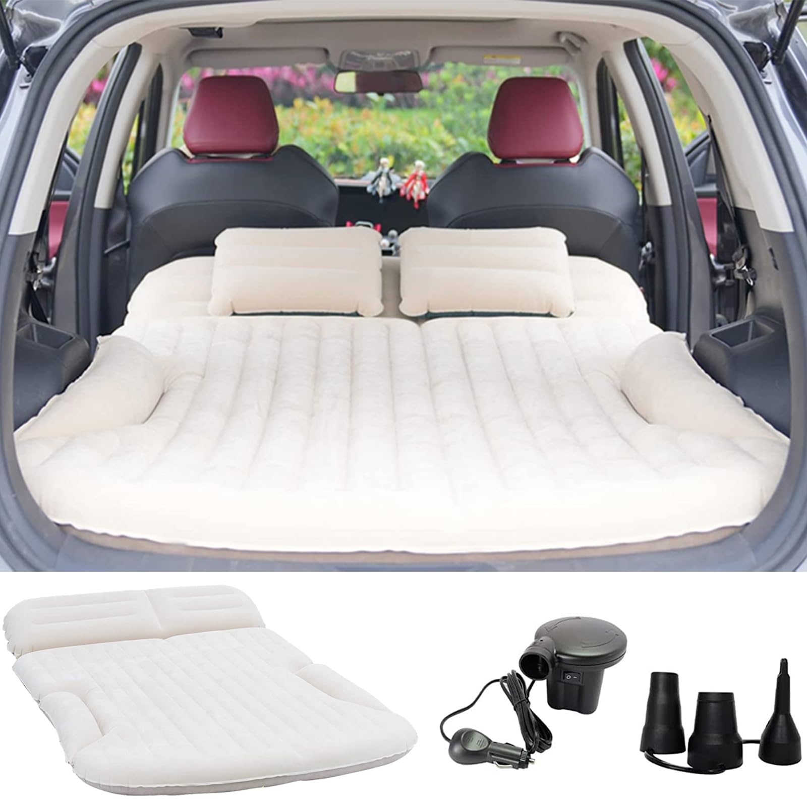 KMZ SUV Air Mattress Thickened and Double-Sided Flocking Travel Camping Bed with 2 Pillows & Pump Dedicated Mobile Cushion Inflatable Bed for SUV Trunk and Rear Seat (Beige and Coffee)