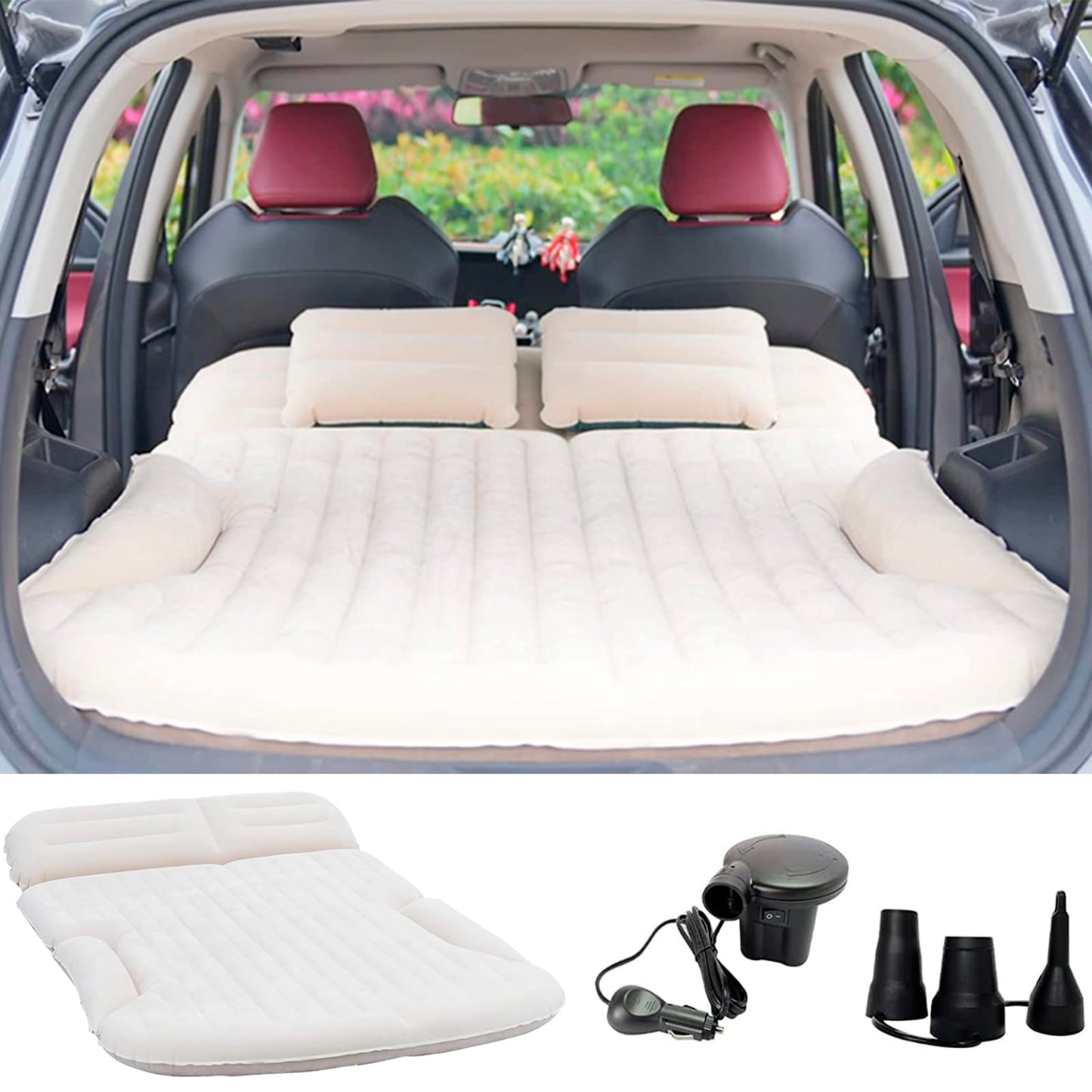KMZ SUV Air Mattress Thickened and Double-Sided Flocking Travel Camping Bed with 2 Pillows & Pump Dedicated Mobile Cushion Inflatable Bed for SUV Trunk and Rear Seat (Beige and Coffee)