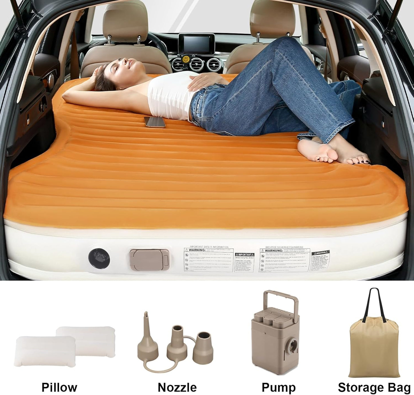 KMZ SUV Air Mattress with Built-in Pump & 2 Pillows, Thickened Flocked PVC, Quick 90-Seconds Inflation Air Bed, Portable & Durable Car Air Bed for Camping, Travel, Truck