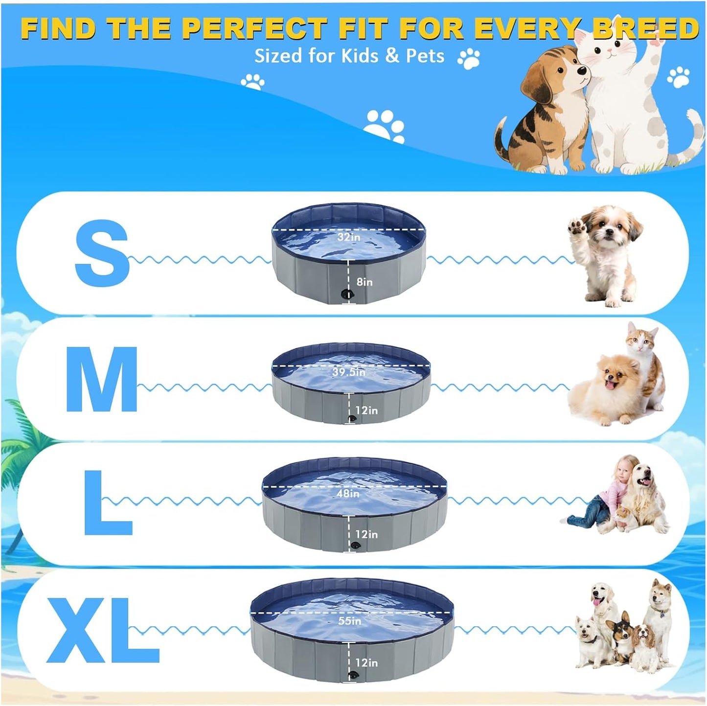 Eooqi Foldable Plastic Dog Pool, Collapsible Pet Bath Tub & Wading Pool, Portable Hard-Side Dog Swimming Pool for Outdoor & Backyard Use, Puppies, Small & Medium Dogs, Cats and Kids (Blus, 32"-S)