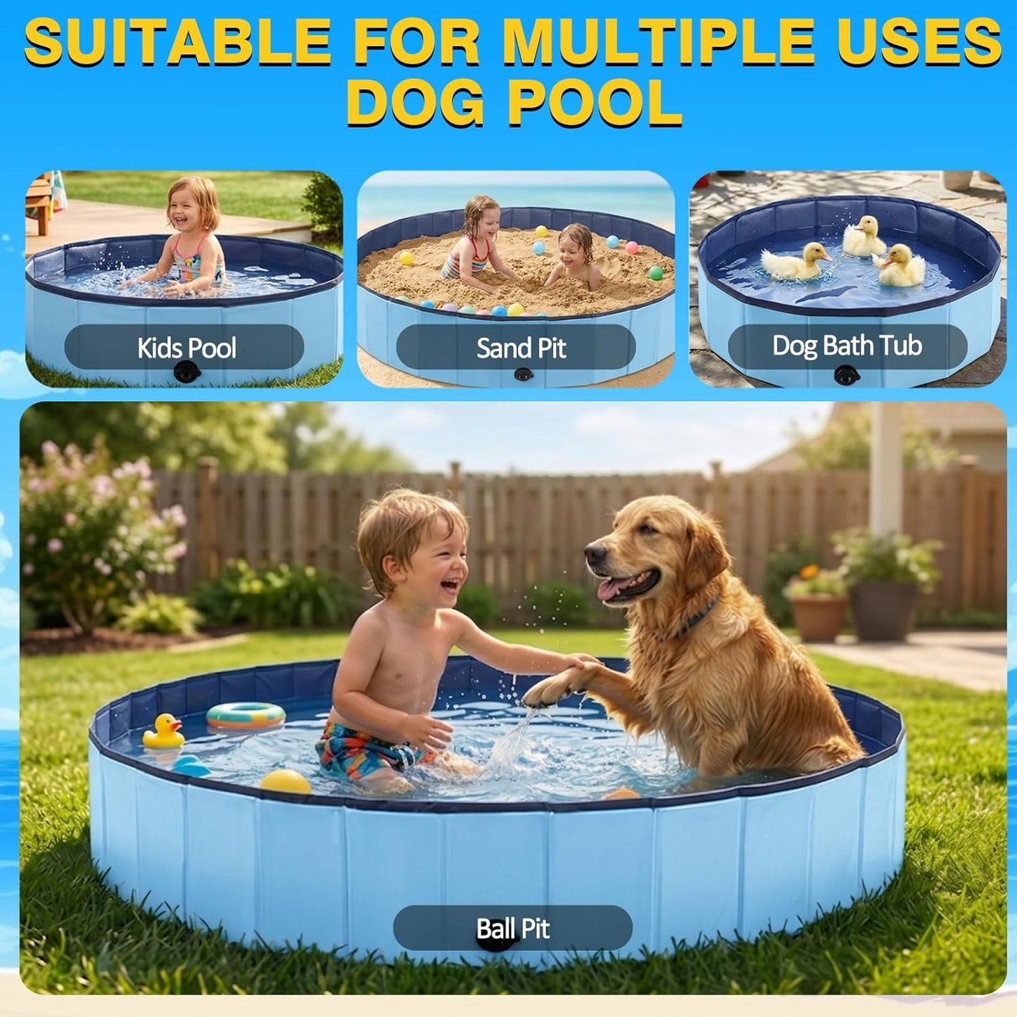 Eooqi Foldable Plastic Dog Pool, Collapsible Pet Bath Tub & Wading Pool, Portable Hard-Side Dog Swimming Pool for Outdoor & Backyard Use, Puppies, Small & Medium Dogs, Cats and Kids (Blus, 32"-S)