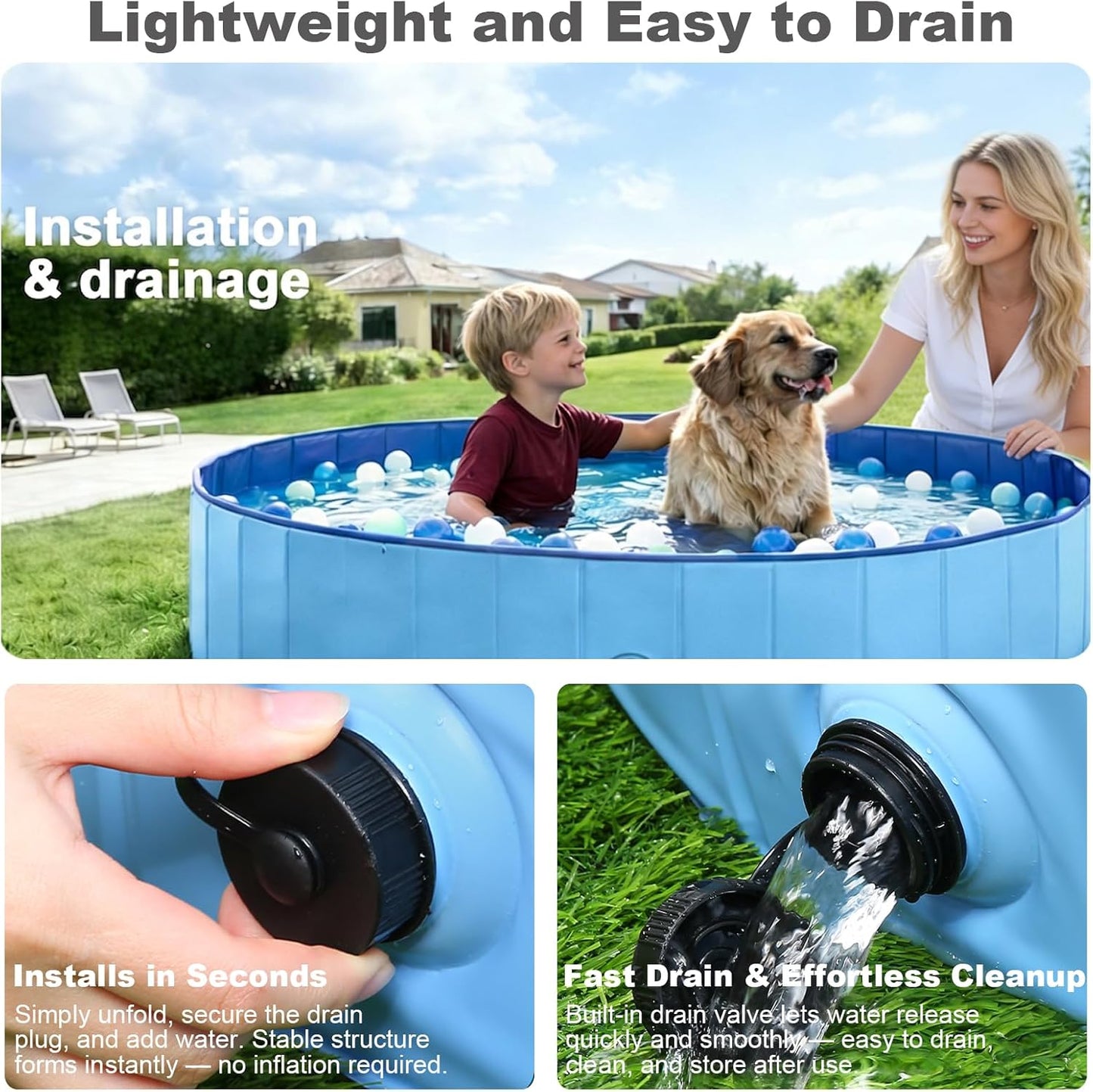 Eooqi Foldable Dog Swimming Pool, Portable Pet Bath & Wading Pool for Small, Medium & Large Dogs, Kids-Friendly Collapsible Design for Indoor & Outdoor Use (Blue, 63"-2XL)