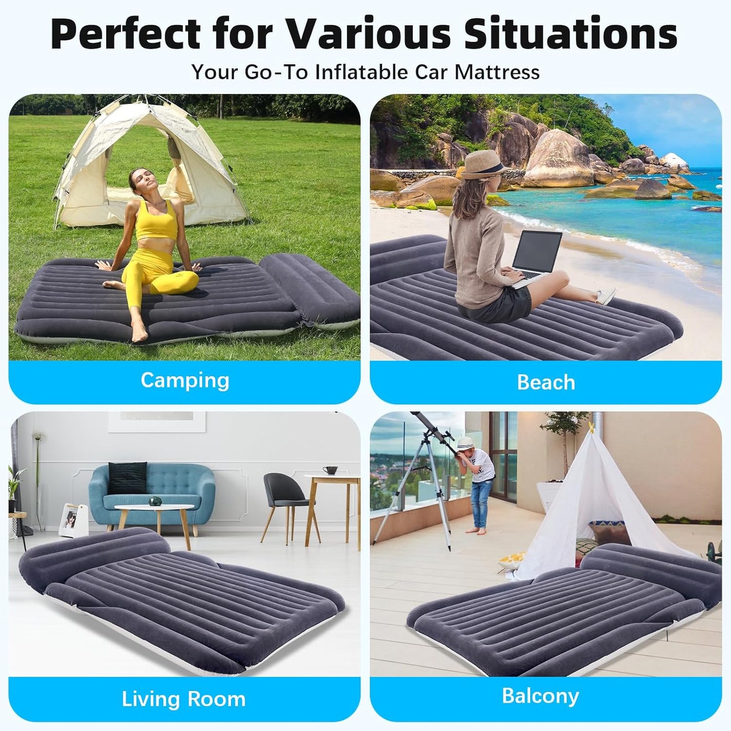KMZ SUV Air Mattress with 2 Pillows – Thickened and Flocked Car Bed – Portable Travel Pad for Camping & Road Trips – Quick Inflate & Deflate with External Pump – Navy Blue+Light Gray