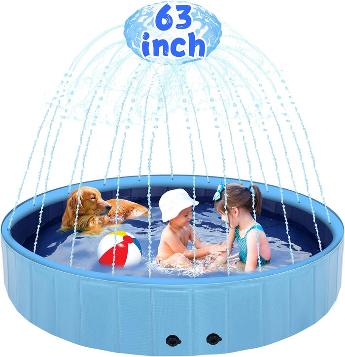 EOOQI Foldable Dog Pool with Sprinkler — 63 to 87 in